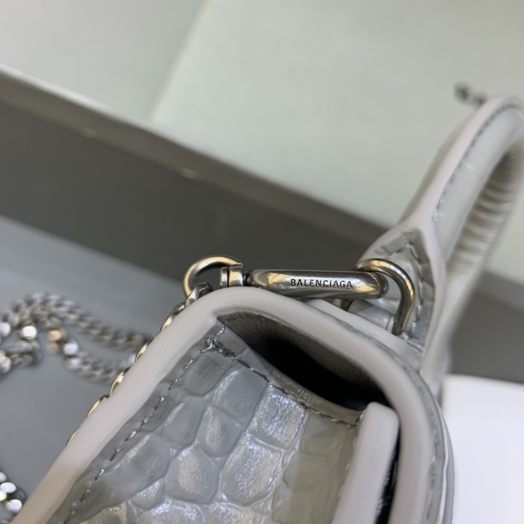 Balenciaga Hourglass Mini Handbag With Chain Crocodile Embossed Shoulder Bag Gray